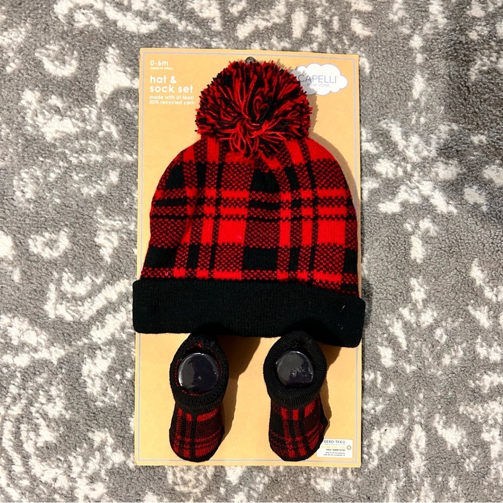 Capelli Red and Black Christmas Holiday Hat and Socks 0-6 months
